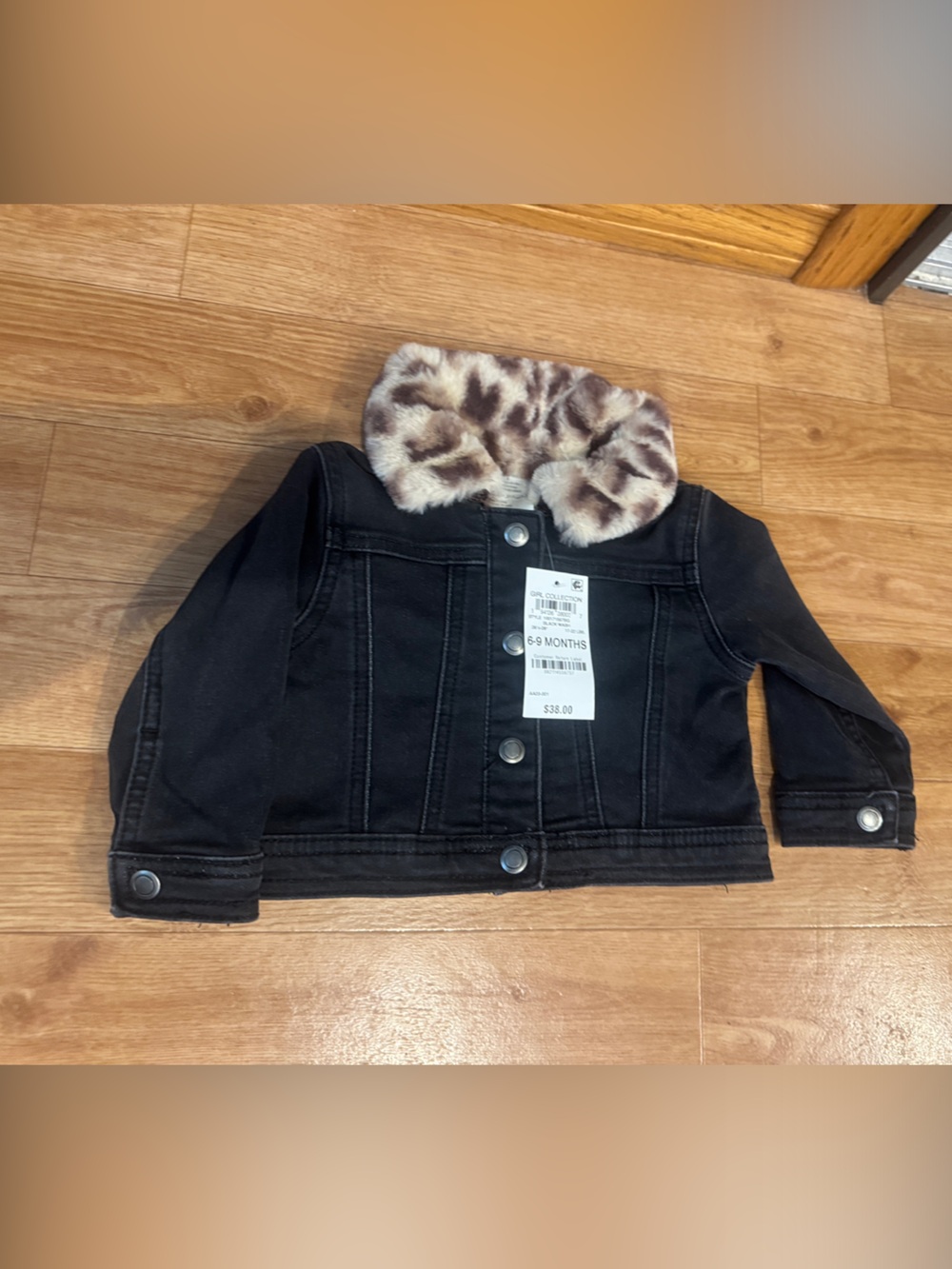 First Impressions Black Denim Jacket with Leopard Faux Fur Collar